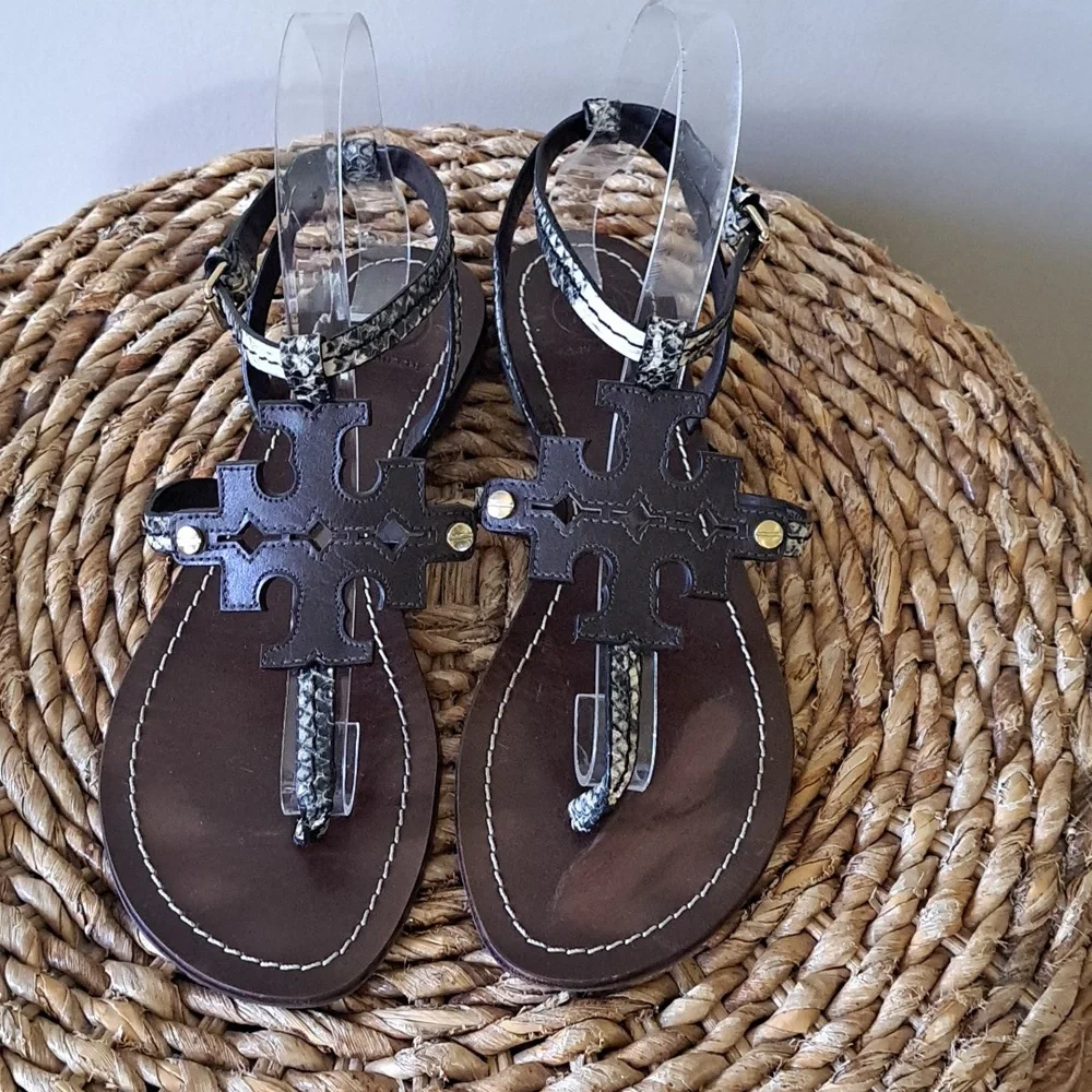 Tory Burch Womens Chandler Snakeskin‎ Print Leather Slingback Flat Sandals S-7.5